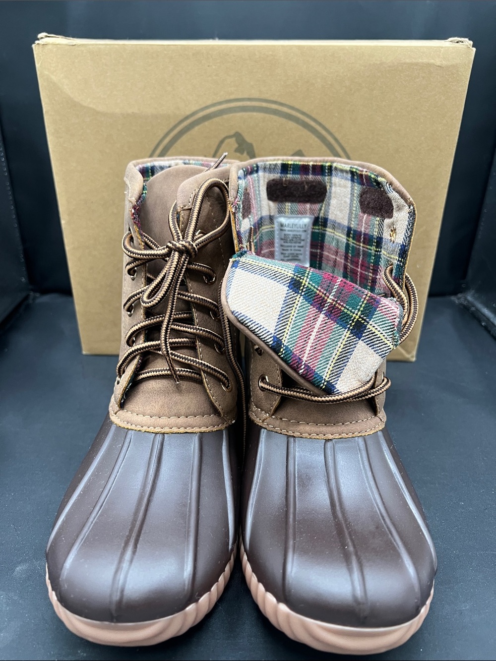 Brown Lace-Up Waterproof Duck Boots with Plaid Fold-Over Lining